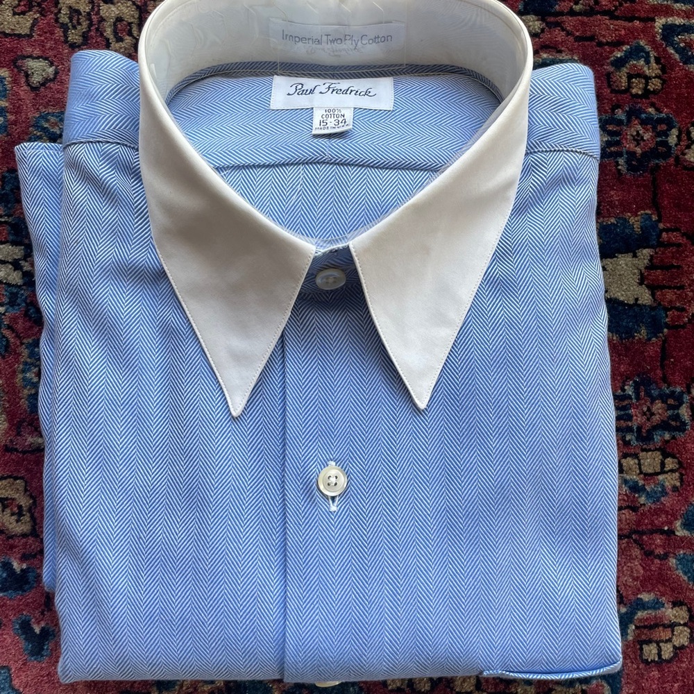 Paul Fredrick Herringbone Blue Shirt with White Collar